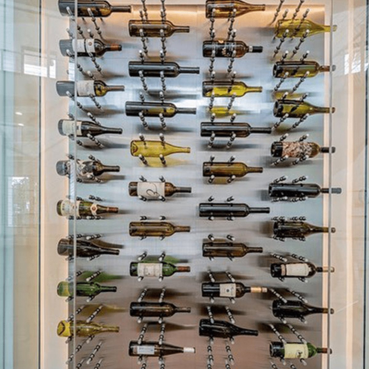 Ultra Fusion 3FT Label Out Wine Wall Alumasteel (9-27 Bottles) - Glass-enclosed wine display with backlit metal pegs holding assorted wine bottles