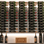Ultra Fusion 3FT Label Out Wine Wall Alumasteel (9-27 Bottles) - Wall-mounted wine rack with backlit rows of bottles and display shelf holding wine and box