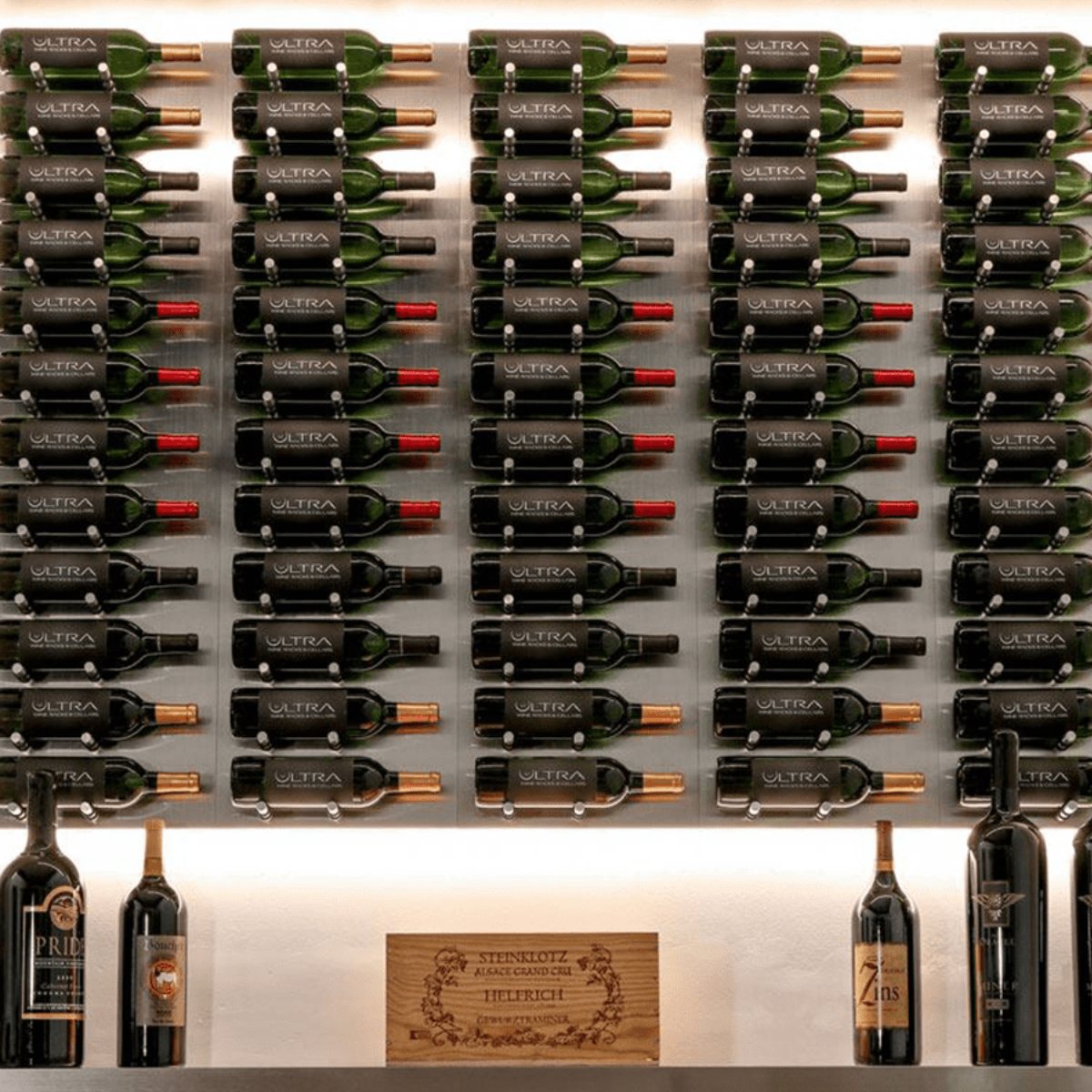 Ultra Fusion 3FT Label Out Wine Wall Alumasteel (9-27 Bottles) - Wall-mounted wine rack with backlit rows of bottles and display shelf holding wine and box