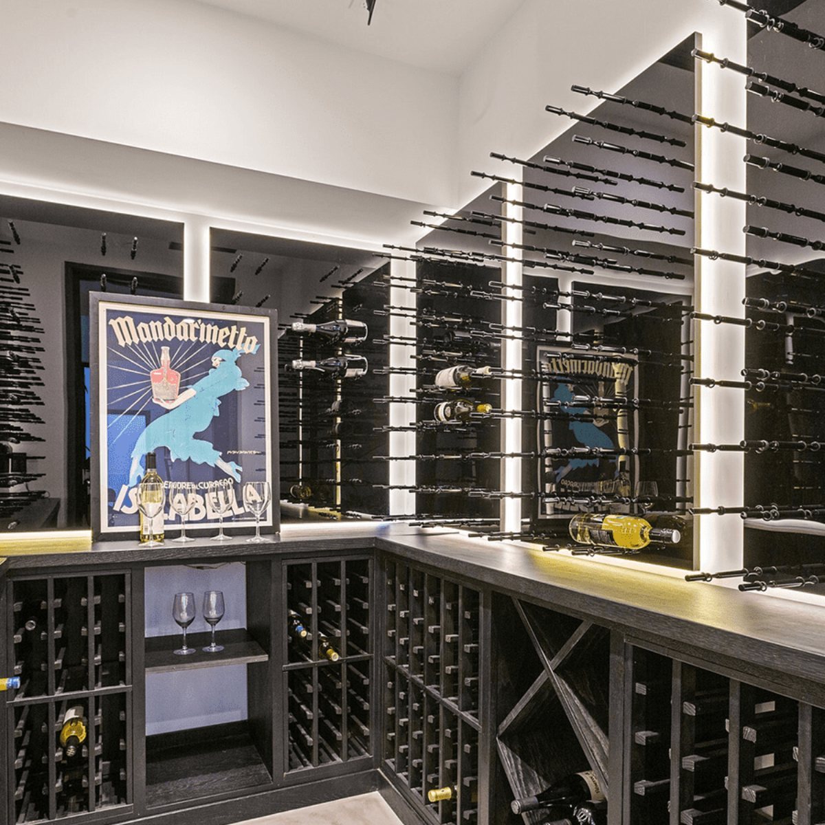 Ultra Fusion 3FT Label Out Wine Wall Black Acrylic (9-27 Bottles) - Contemporary wine cellar with wall-mounted racks, backlighting, and wooden storage below