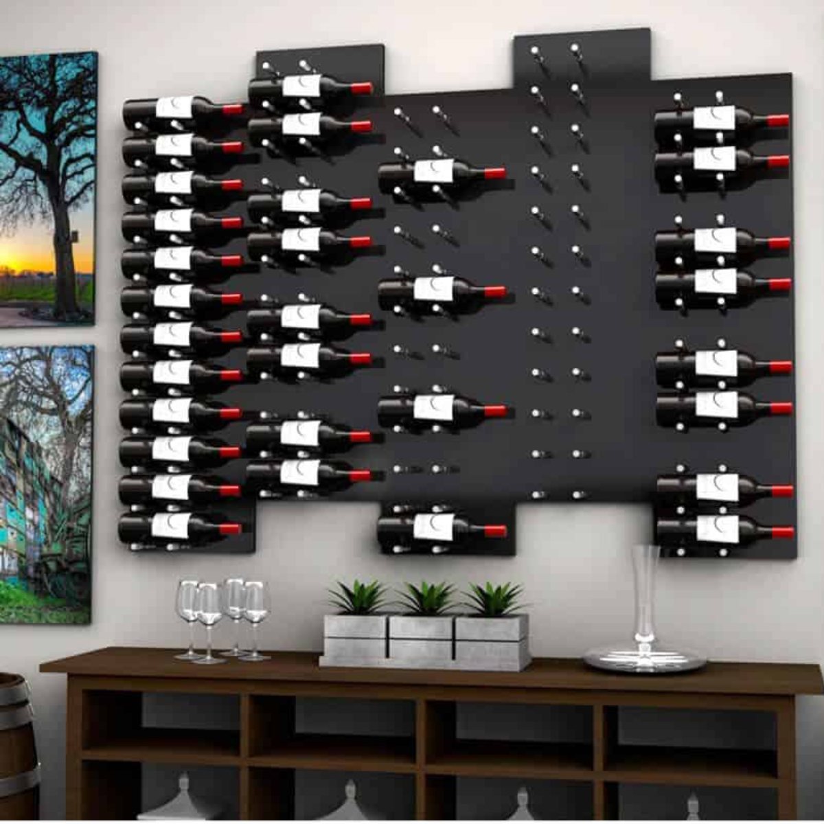 Ultra Fusion 3FT Label Out Wine Wall Black Acrylic (9-27 Bottles) - Modern wall-mounted wine rack with horizontal bottle display above a wooden cabinet