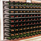 Ultra Fusion 4FT Cork-Out Wine Wall Alumasteel (36 Bottles) - Close-up of wine bottles stored on horizontal wall racks