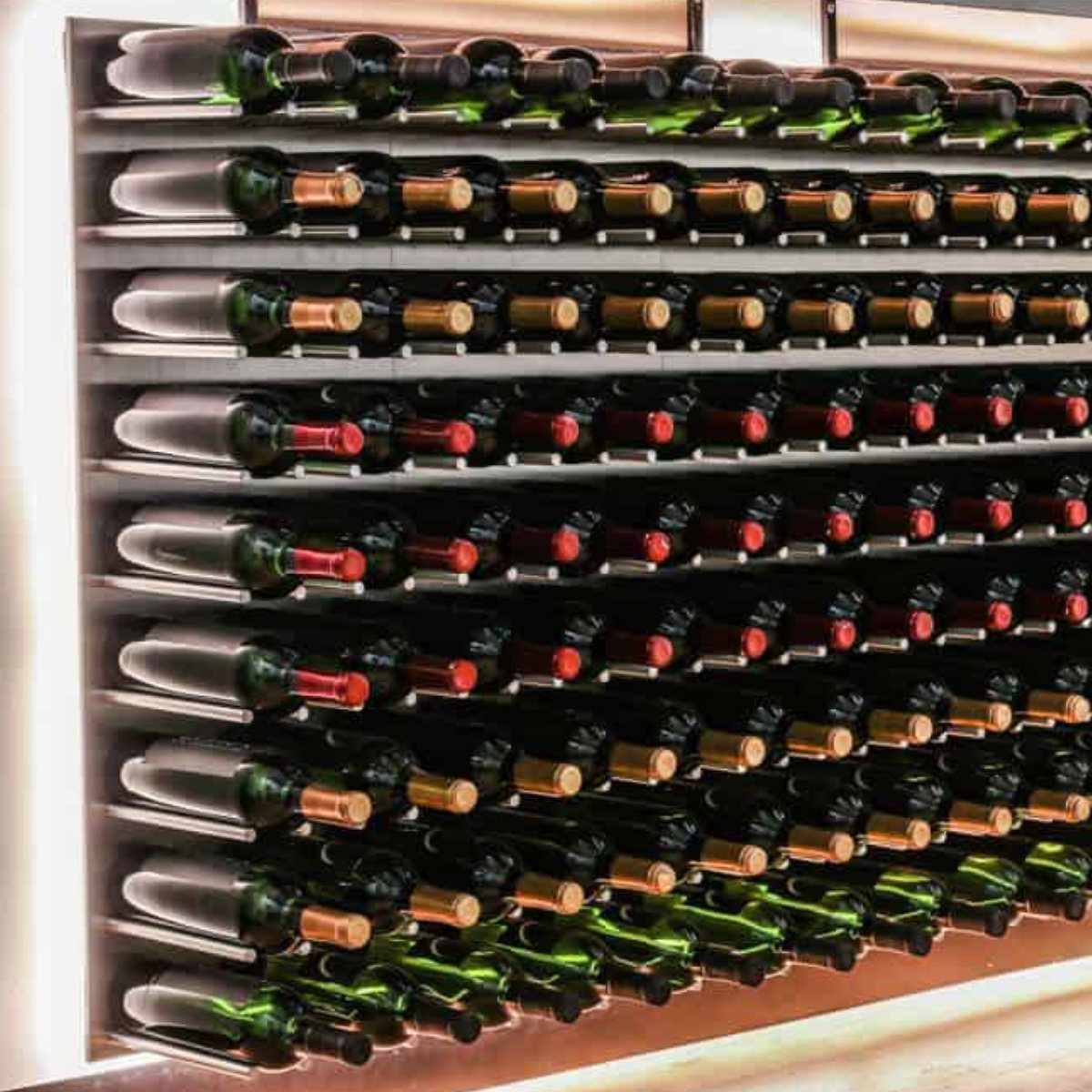 Ultra Fusion 4FT Cork-Out Wine Wall Alumasteel (36 Bottles) - Close-up of wine bottles stored on horizontal wall racks
