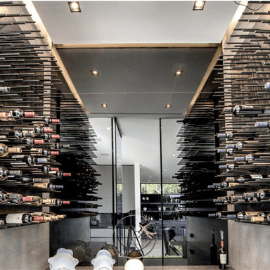 Ultra Fusion 4FT Cork-Out Wine Wall Black Acrylic (36 Bottles) - Modern wine cellar with horizontal bottle racks and mirrored walls
