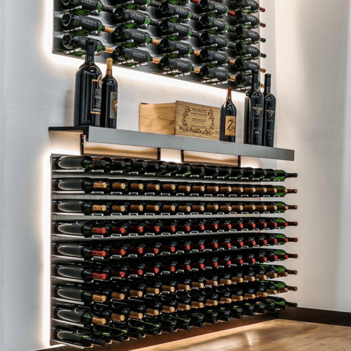 Ultra Fusion 4FT Cork-Out Wine Wall White Acrylic (36 Bottles) - Wall-mounted wine racks with bottles and a display shelf above