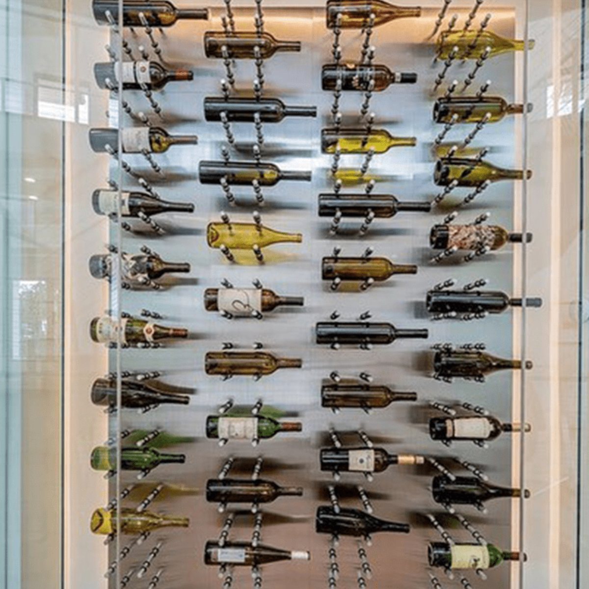 Ultra Fusion 4FT Label Out Wine Wall Alumasteel (12-36 Bottles) - Glass-enclosed wine display with bottles mounted horizontally on metal pegs