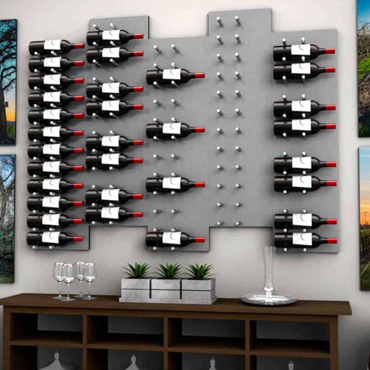 Ultra Fusion 4FT Label Out Wine Wall Alumasteel (12-36 Bottles) - Modern wall-mounted wine rack with staggered bottle display above console table
