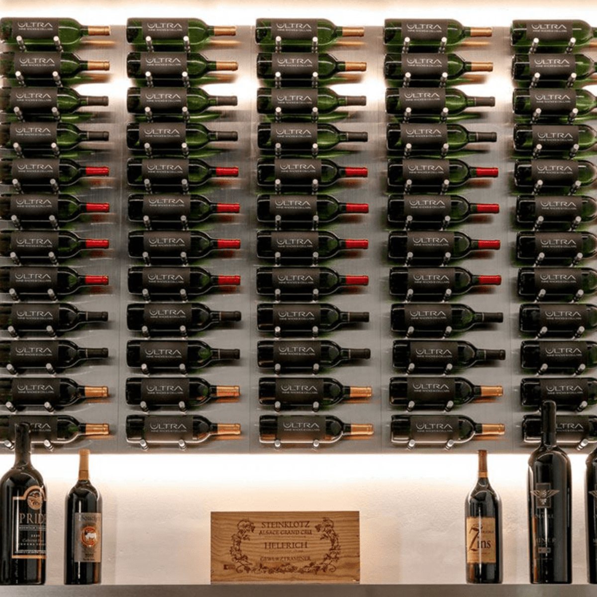 Ultra Fusion 4FT Label Out Wine Wall Alumasteel (12-36 Bottles) - Wall-mounted wine rack with multiple rows of horizontally stored wine bottles