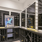 Ultra Fusion 4FT Label Out Wine Wall Black Acrylic (12-36 Bottles) - Contemporary wine cellar with wall-mounted racks, backlighting, and wooden storage below