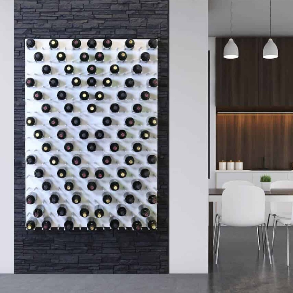 Ultra Fusion Panel Wine Rack – Alumasteel Cork-Out - Wall-mounted wine display with bottles arranged diagonally on a white panel