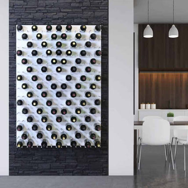 Ultra Fusion Panel Wine Rack – Alumasteel Cork-Out - Wall-mounted wine display with bottles arranged diagonally on a white panel
