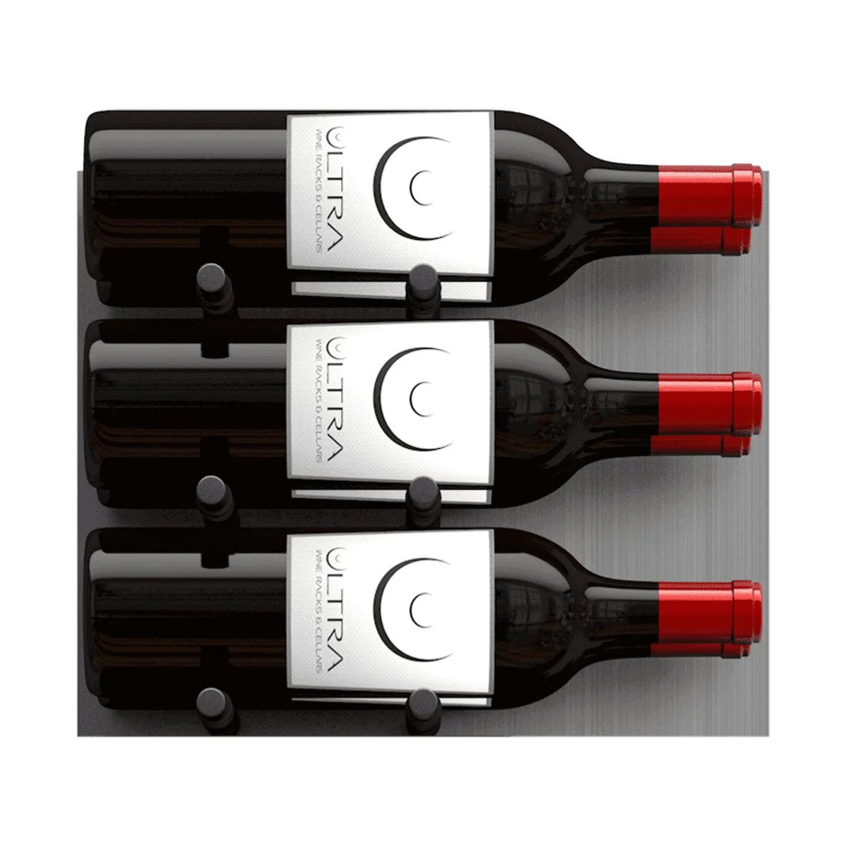 Ultra Fusion Panel Wine Rack – Alumasteel Label-Out - Wall-mounted wine rack holding three bottles in a horizontal  display