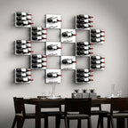 Ultra Fusion Panel Wine Rack – Alumasteel Label-Out - Wall-mounted wine racks in a geometric grid pattern above a modern dining table