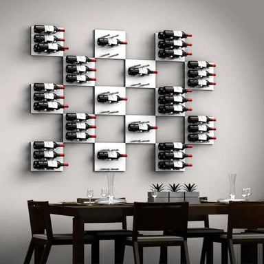 Ultra Fusion Panel Wine Rack – Alumasteel Label-Out - Wall-mounted wine racks in a geometric grid pattern above a modern dining table