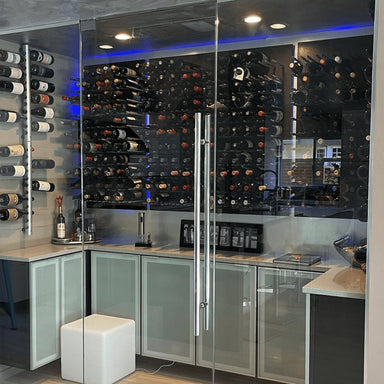 Ultra Fusion Panel Wine Rack – Black Acrylic Cork-Out - Modern glass-enclosed wine cellar with wall-mounted racks, LED lighting