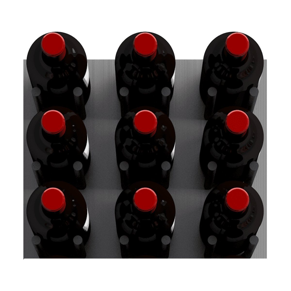 Ultra Fusion Panel Wine Rack – Black Acrylic Cork-Out - Wall-mounted wine rack holding three bottles in a cork out  display