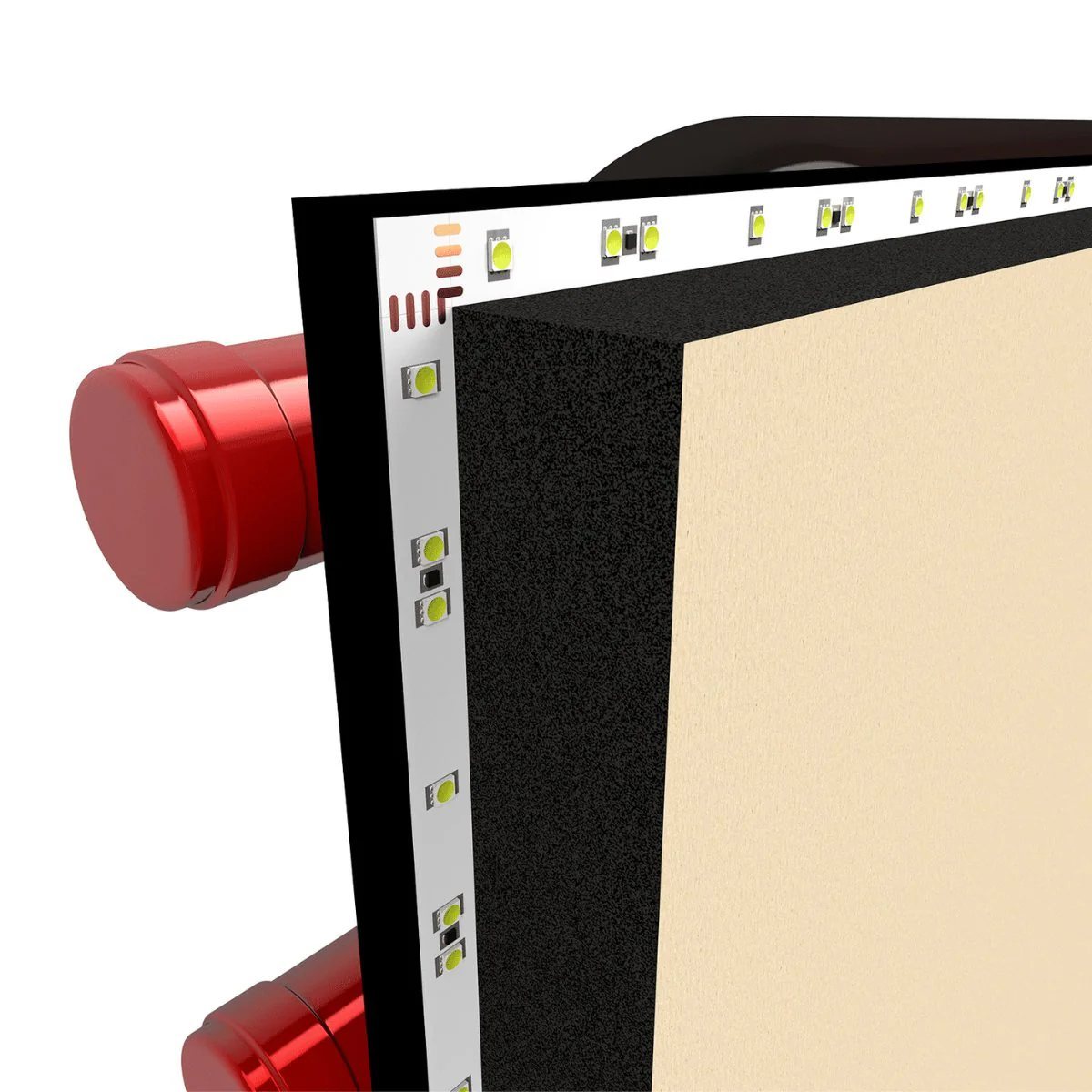 Ultra Fusion Panel Wine Rack – Black Acrylic Label-Out - Close-up of an LED lighting strip integrated into a wine rack panel with red bottle holders