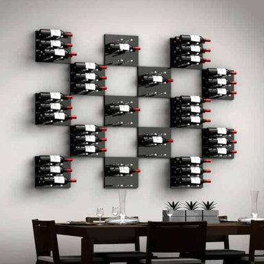 Ultra Fusion Panel Wine Rack – Black Acrylic Label-Out - Wall-mounted wine racks in a geometric grid pattern above a modern dining table