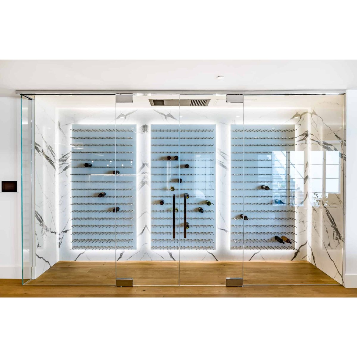 Ultra Fusion Panel Wine Rack – White Acrylic Cork-Out - Luxury glass-enclosed wine cellar with marble walls and backlit metal racks