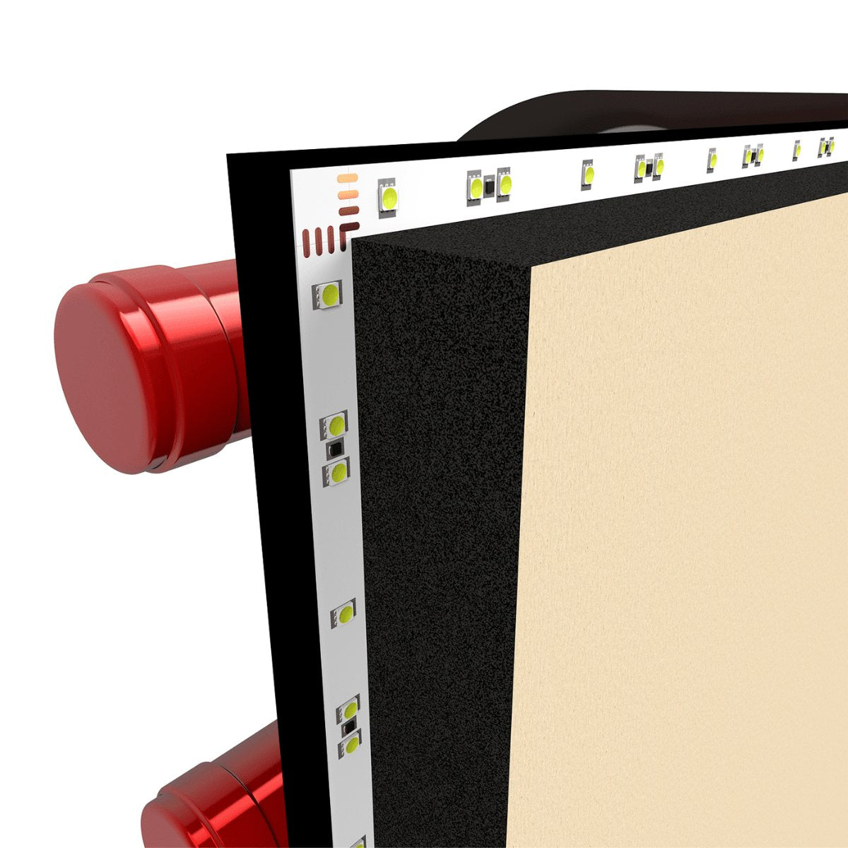 Ultra Fusion Panel Wine Rack – White Acrylic Label-Out - Close-up of an LED lighting strip integrated into a wine rack panel with red bottle holders