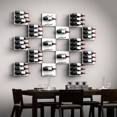 Ultra Fusion Panel Wine Rack – White Acrylic Label-Out - Wall-mounted wine racks in a geometric grid pattern above a modern dining table
