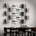 Ultra Fusion Panel Wine Rack – White Acrylic Label-Out - Wall-mounted wine racks in a geometric grid pattern above a modern dining table