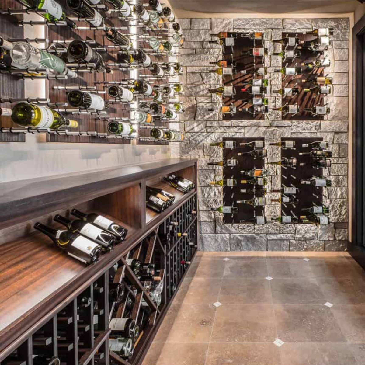 Ultra Label-Out Horizontal Wine Pegs - Wine cellar with wall-mounted racks, stone accent wall, and wooden storage cabinets