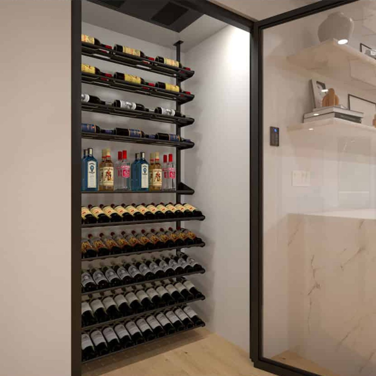 Ultra Showcase Featured Centerpiece Kit (90-100 Bottles) - Modern glass-enclosed wine cellar with black label-forward racks holding wine bottles in an organised display double deep