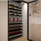 Ultra Showcase Featured Centerpiece Kit (90-100 Bottles) - Modern glass-enclosed wine cellar with black label-forward racks holding wine bottles in an organised display triple deep deep