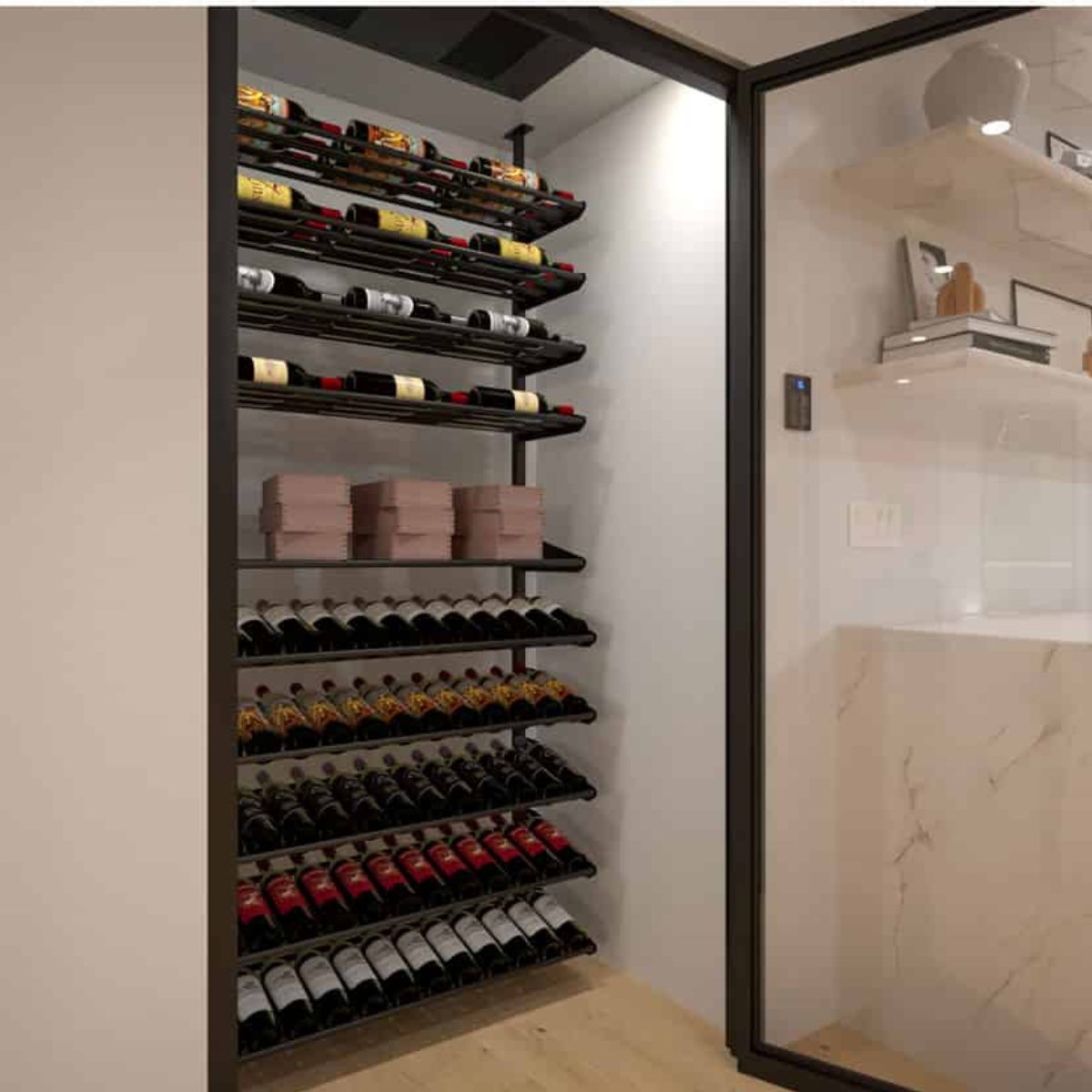 Ultra Showcase Featured Centerpiece Kit (90-100 Bottles) - Modern glass-enclosed wine cellar with black label-forward racks holding wine bottles in an organised display triple deep deep