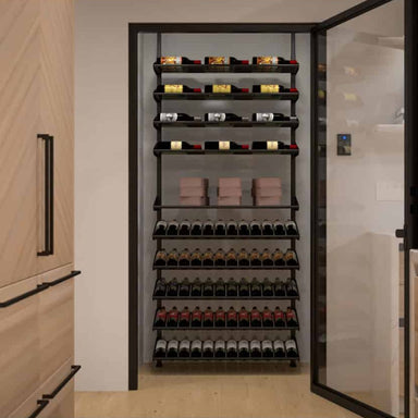 Ultra Showcase Featured Centerpiece Kit (90-100 Bottles) - Modern kitchen with a glass-enclosed wine storage wall featuring multiple rows of bottles