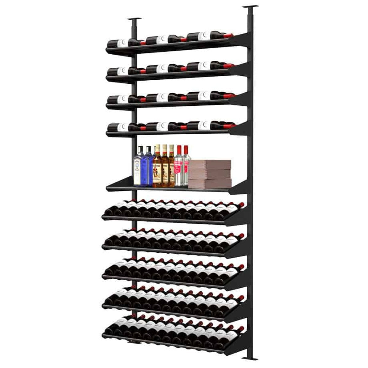 Ultra Showcase Featured Centerpiece Kit (90-100 Bottles) - Single-column floor-to-ceiling wine rack system with mixed-use shelves, storing bottles label-forward and featuring a middle section for liquor and boxes