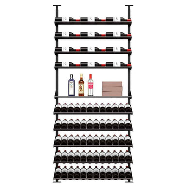 Ultra Showcase Featured Centerpiece Kit (90-100 Bottles) - Single-column floor-to-ceiling wine rack system with mixed-use shelves, storing bottles label-forward and featuring a middle section for liquor and boxes double deep