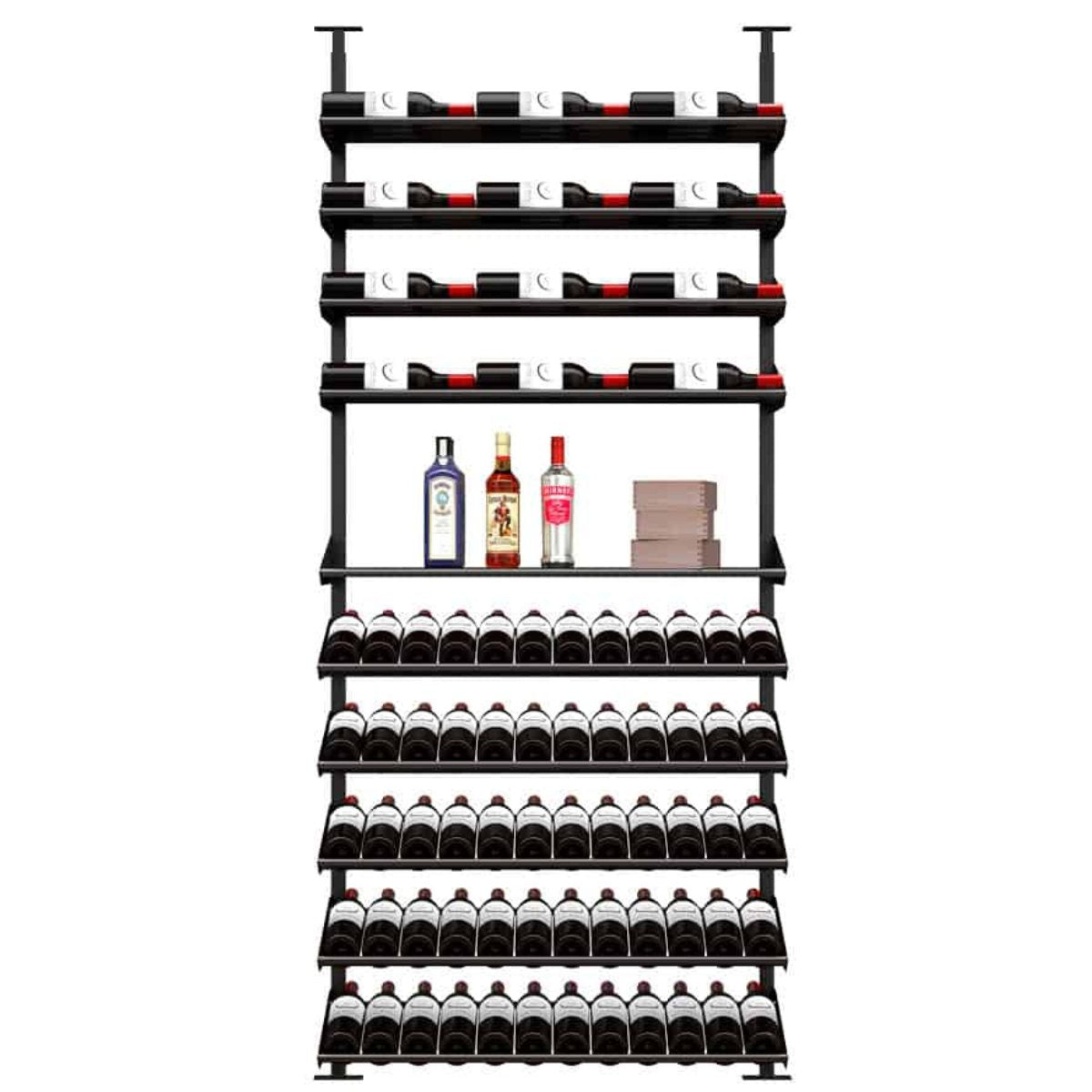 Ultra Showcase Featured Centerpiece Kit (90-100 Bottles) - Single-column floor-to-ceiling wine rack system with mixed-use shelves, storing bottles label-forward and featuring a middle section for liquor and boxes triple deep