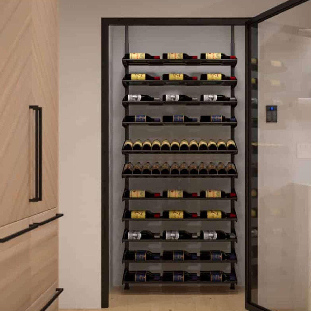 Ultra Showcase Featured Display Kit (78 - 105 Bottles) - Compact glass-enclosed wine cellar with sleek black wall-mounted racks, neatly arranged to showcase bottles label-forward in an organised, modern design