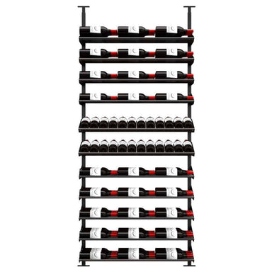 Ultra Showcase Featured Display Kit (78 - 105 Bottles) - Freestanding floor-to-ceiling wine rack system with multiple black metal rows, designed for label-forward bottle storage and efficient cellar organization triple deep