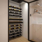 Ultra Showcase Featured Display Kit (78 - 105 Bottles) - Modern glass-enclosed wine cellar with black floor-to-ceiling racks, neatly storing bottles label-forward across multiple rows for an elegant display double deep