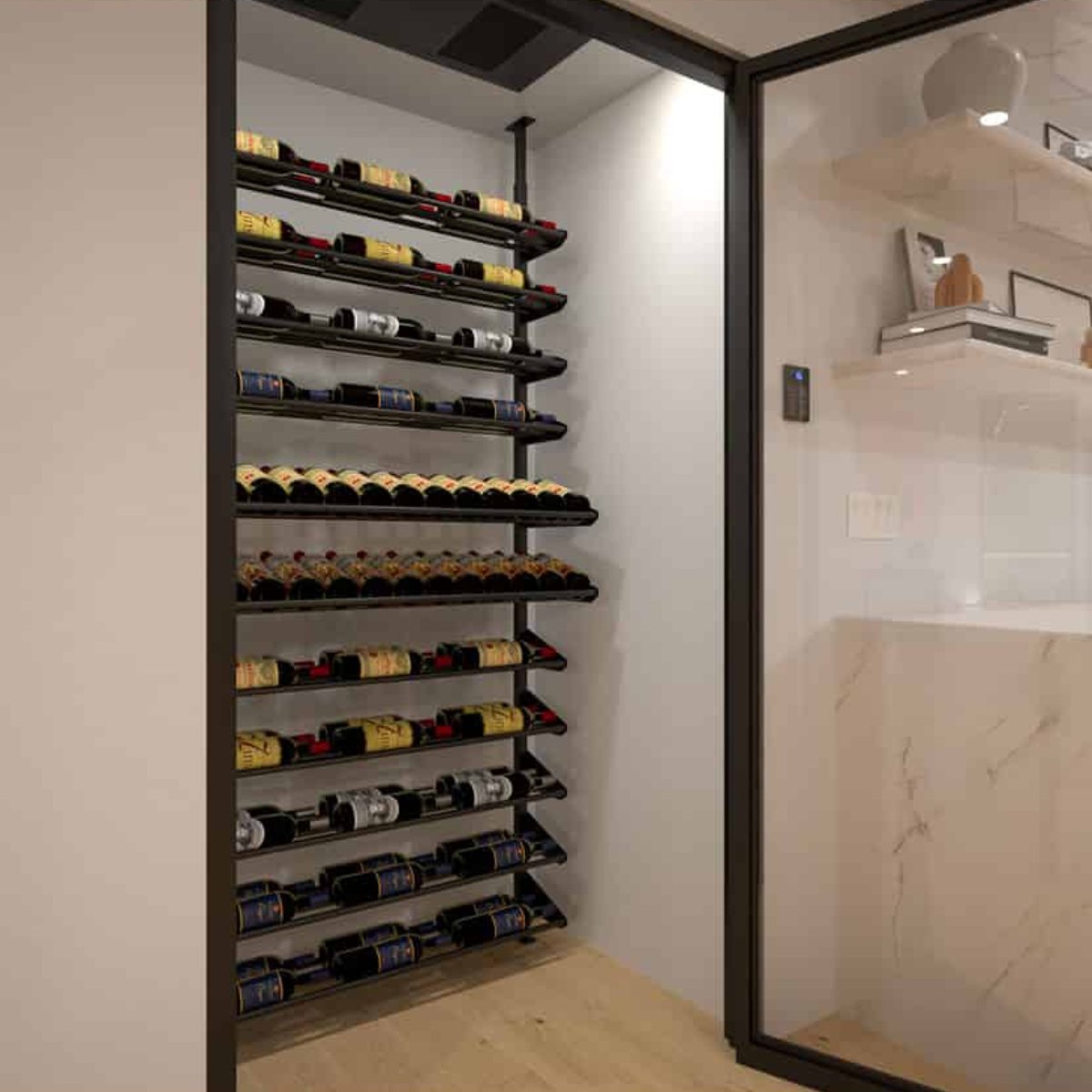 Ultra Showcase Featured Display Kit (78 - 105 Bottles) - Modern glass-enclosed wine cellar with black floor-to-ceiling racks, neatly storing bottles label-forward across multiple rows for an elegant display double deep