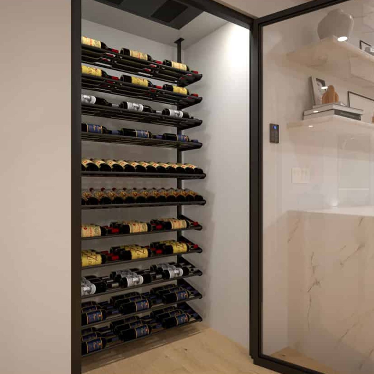 Ultra Showcase Featured Display Kit (78 - 105 Bottles) - Modern glass-enclosed wine cellar with black floor-to-ceiling racks, neatly storing bottles label-forward across multiple rows for an elegant display triple deep deep