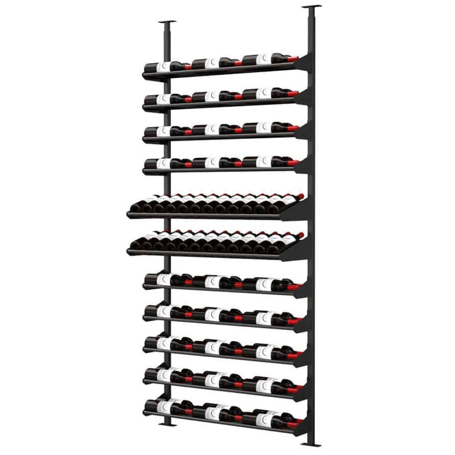 Ultra Showcase Featured Display Kit (78 - 105 Bottles) - Tall black floor-to-ceiling wine rack with angled shelving, holding bottles in a label-forward position for maximum visibility and stylish cellar storage
