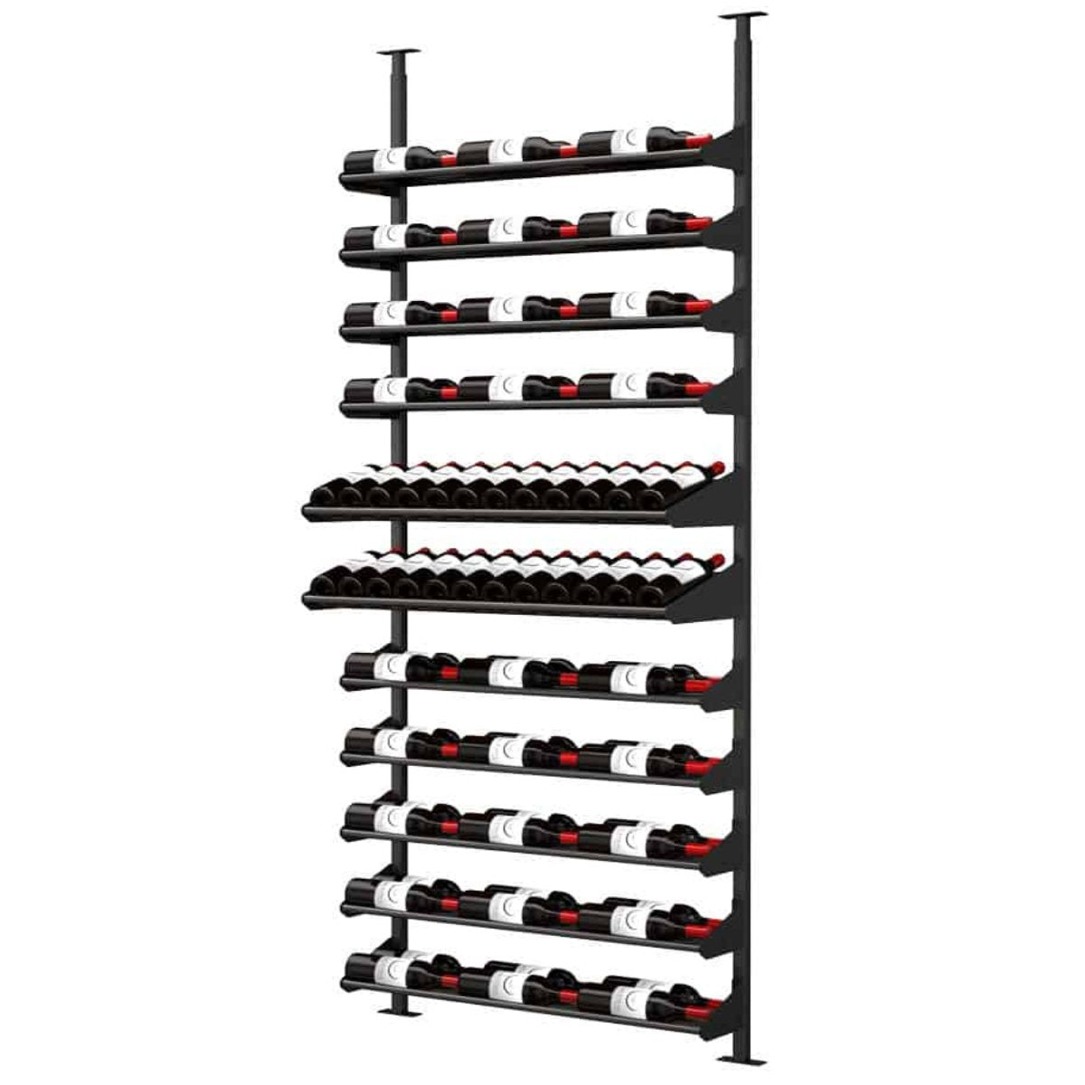 Ultra Showcase Featured Display Kit (78 - 105 Bottles) - Tall black floor-to-ceiling wine rack with angled shelving, holding bottles in a label-forward position for maximum visibility and stylish cellar storage