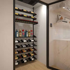 Ultra Showcase Featured Exhibition Kit (60 - 80 Bottles) - Modern glass-enclosed wine cellar with black label-forward racks holding wine bottles in an organised display double deep