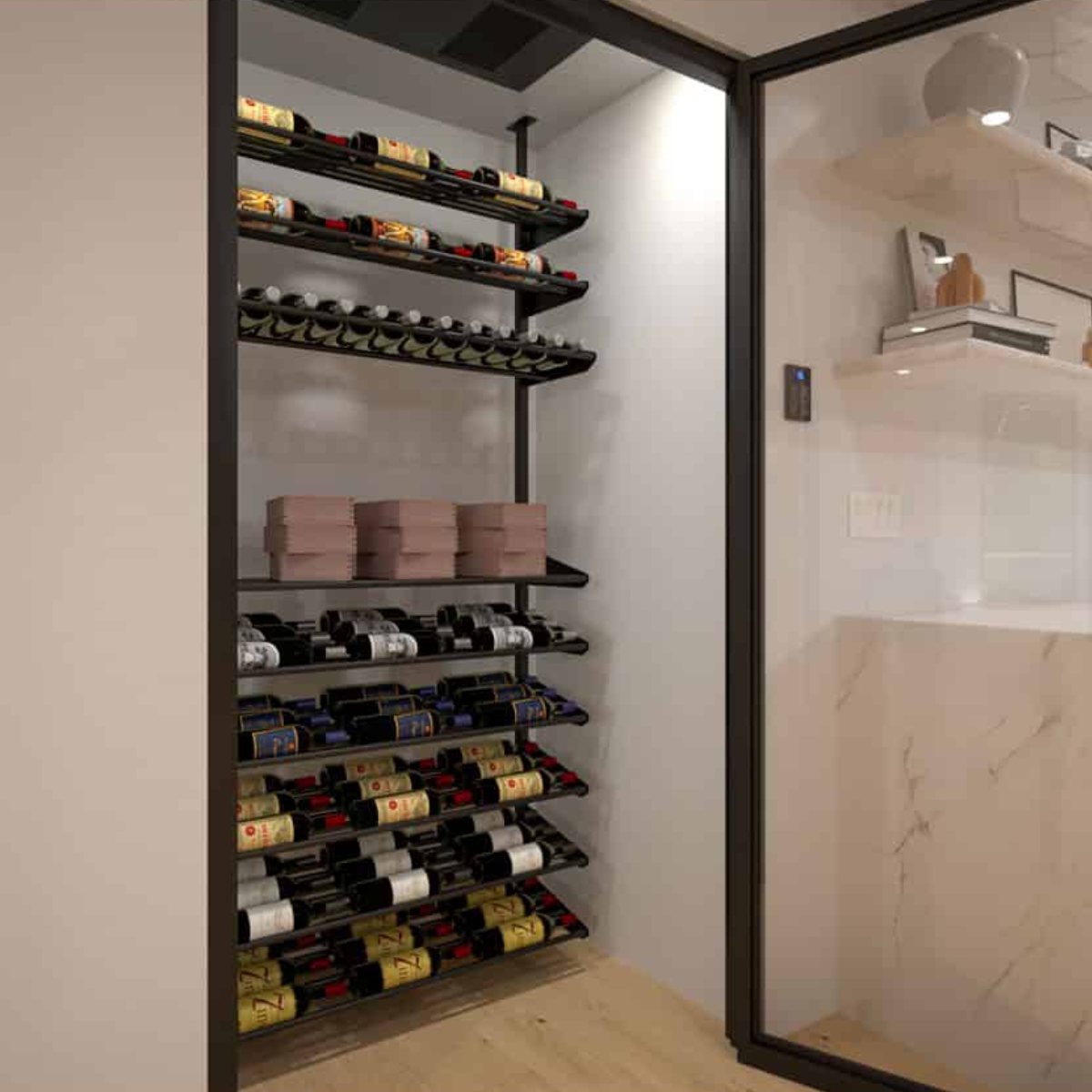 Ultra Showcase Featured Exhibition Kit (60 - 80 Bottles) - Modern glass-enclosed wine cellar with black label-forward racks holding wine bottles in an organised display triple deep