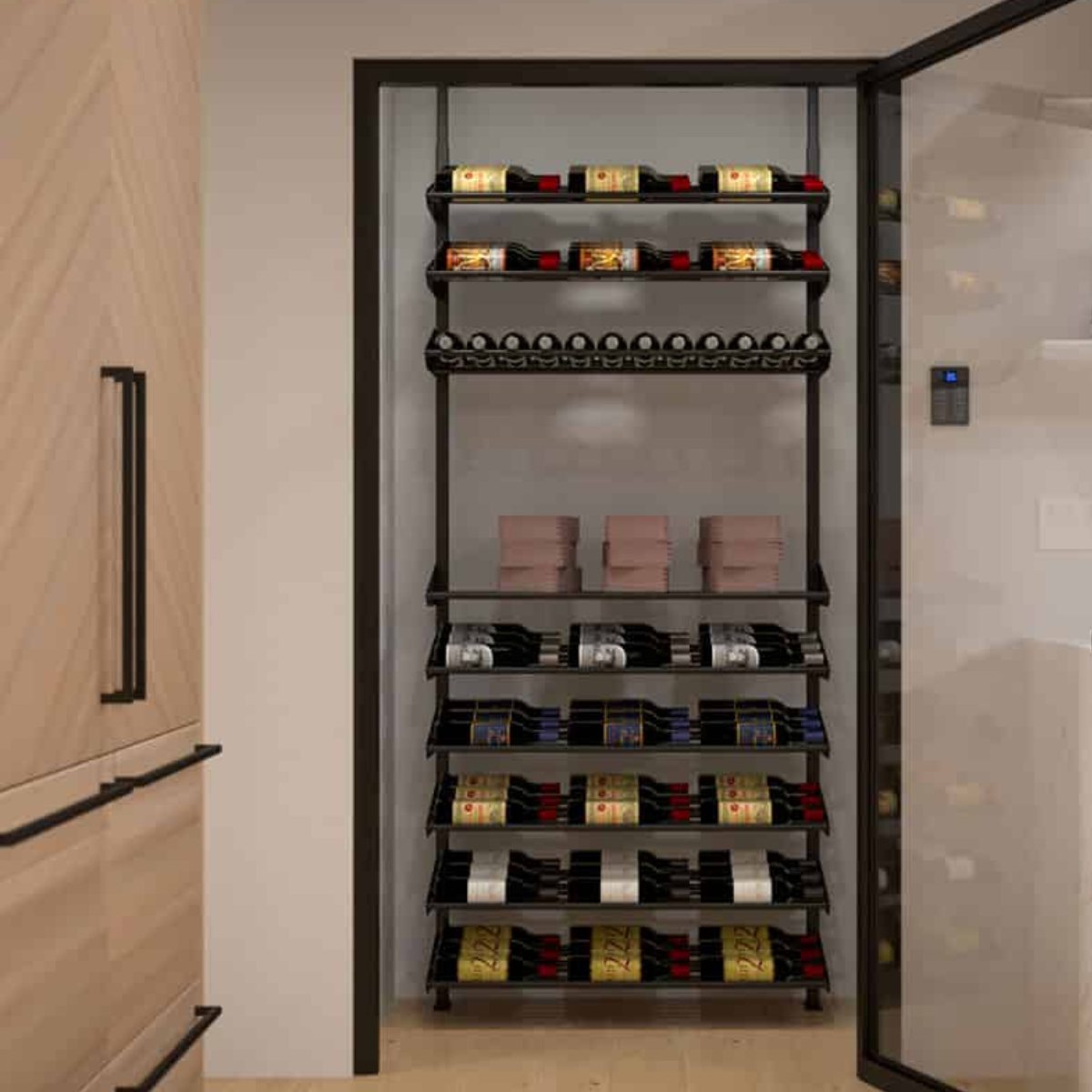 Ultra Showcase Featured Exhibition Kit (60 - 80 Bottles) - Modern kitchen with a glass-enclosed wine storage wall featuring multiple rows of bottles