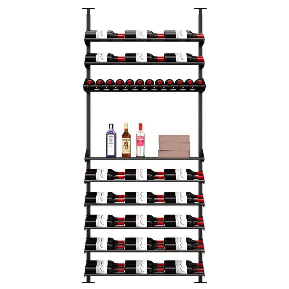 Ultra Showcase Featured Exhibition Kit (60 - 80 Bottles) - Single-column floor-to-ceiling wine rack system with mixed-use shelves, storing bottles label-forward and featuring a middle section for liquor and boxes double deep