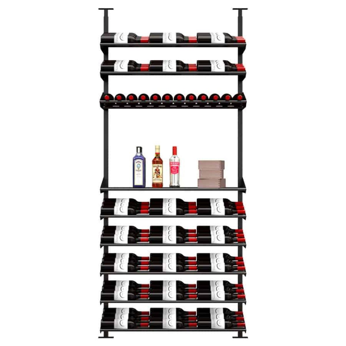 Ultra Showcase Featured Exhibition Kit (60 - 80 Bottles) - Single-column floor-to-ceiling wine rack system with mixed-use shelves, storing bottles label-forward and featuring a middle section for liquor and boxes triple deep
