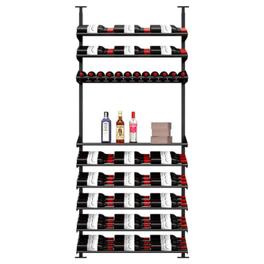 Ultra Showcase Featured Exhibition Kit (60 - 80 Bottles) - Single-column floor-to-ceiling wine rack system with mixed-use shelves, storing bottles label-forward and featuring a middle section for liquor and boxes triple deep