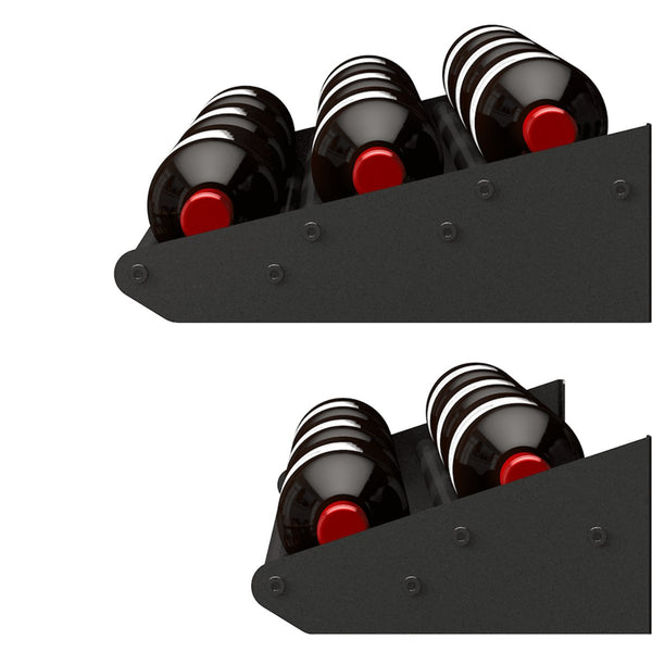 Ultra Showcase Series - Cascading Row (6 - 9 Bottles) - Close-up of black metal wine rack holding bottles horizontally with secure side panels