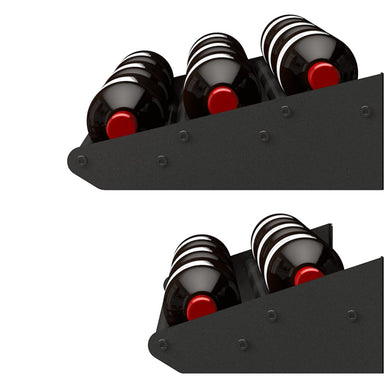 Ultra Showcase Series - Cascading Row (6 - 9 Bottles) - Close-up of black metal wine rack holding bottles horizontally with secure side panels