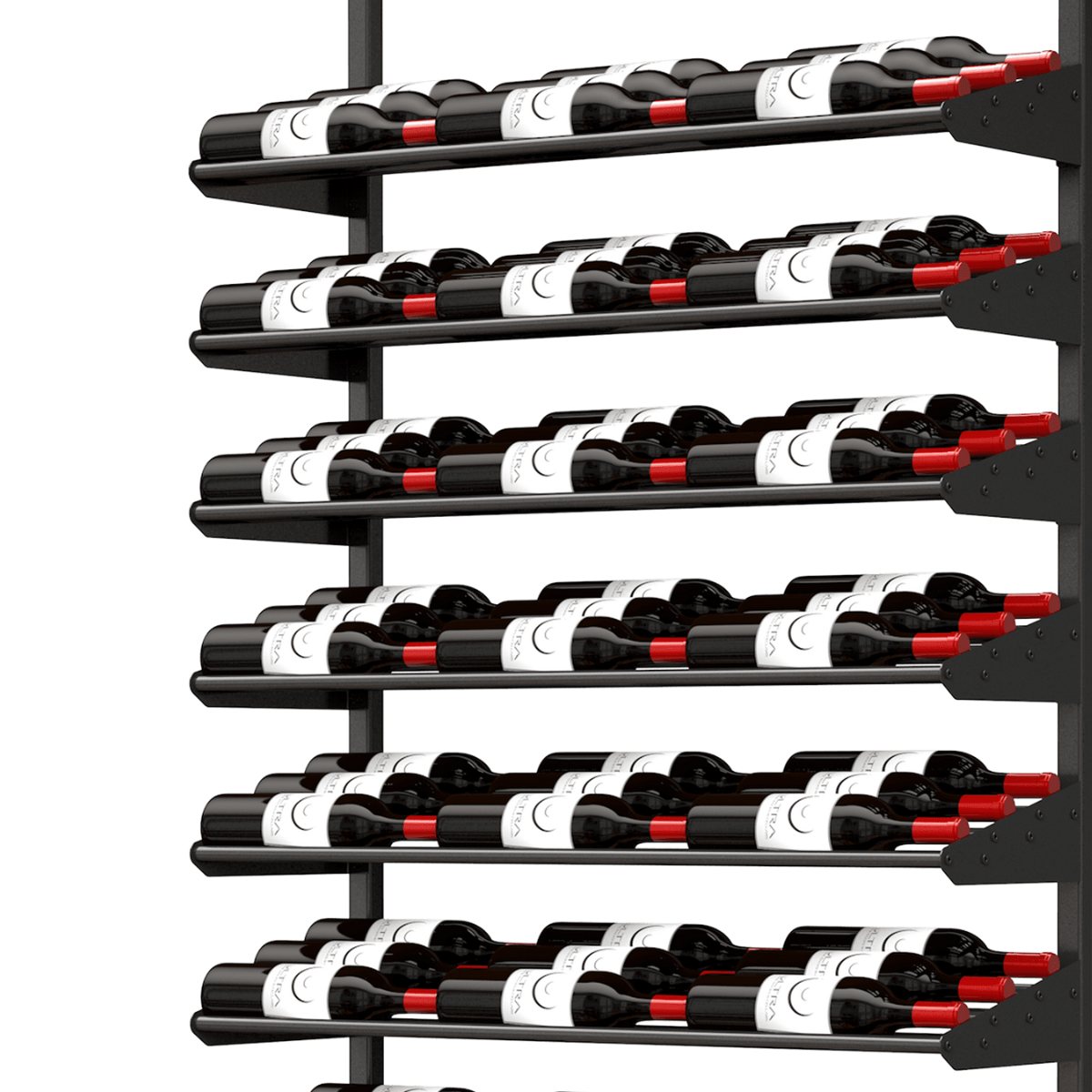 Ultra Showcase Series - Cascading Row (6 - 9 Bottles) - Multi-tier wall-mounted wine rack with shelves holding bottles horizontally